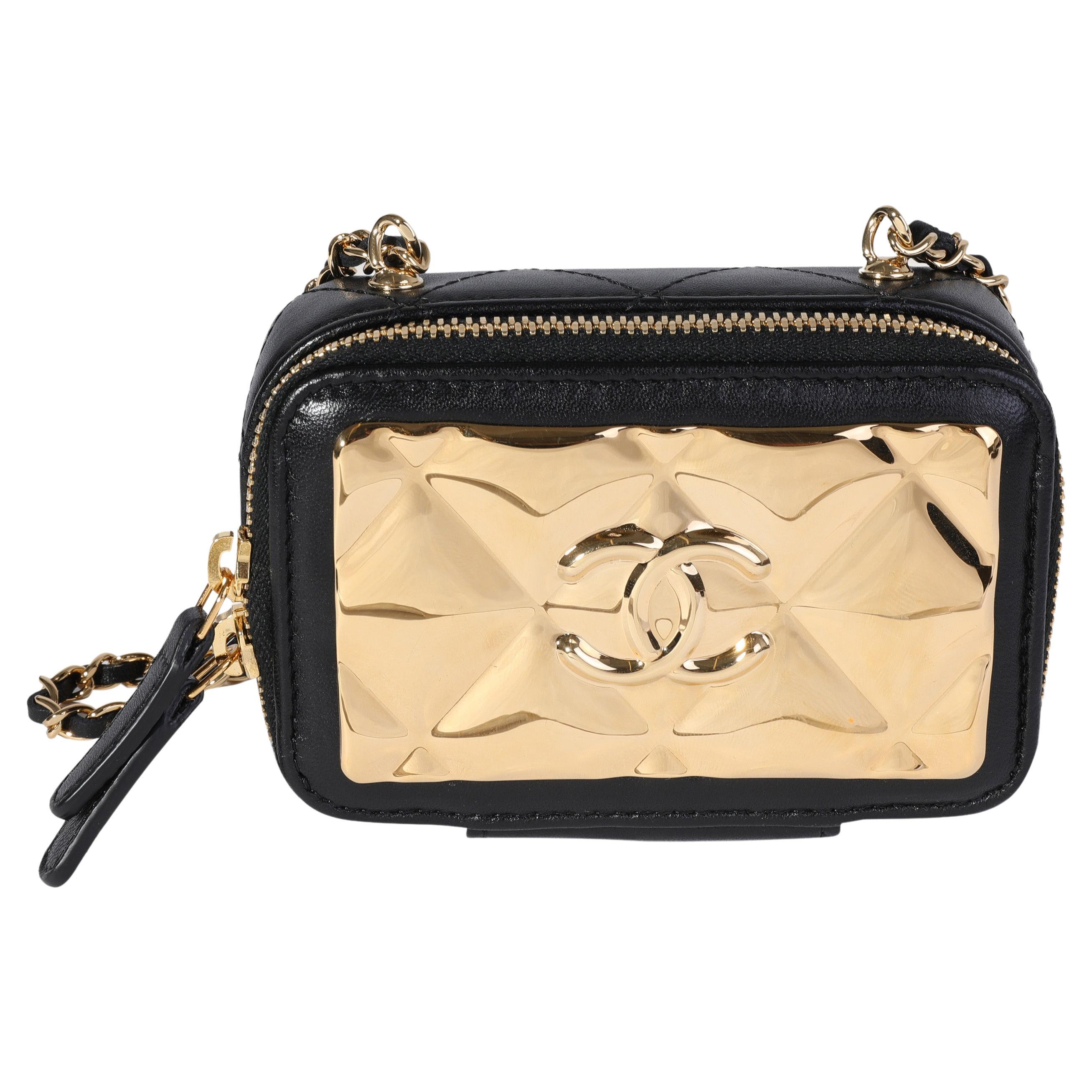 Chanel Gold Quilted Metal and Black Lambskin Mini Vanity Bag For