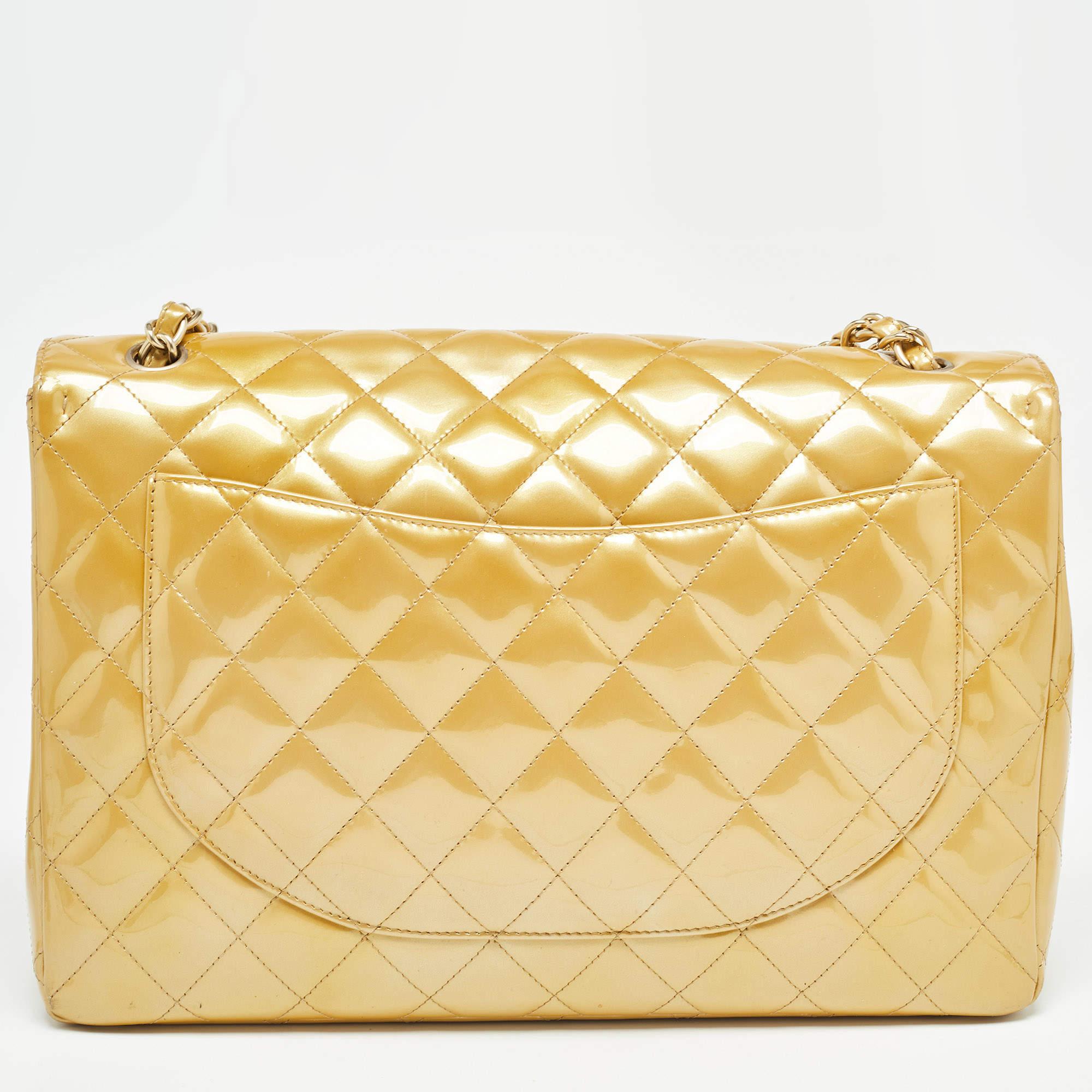 De las mujeres Bolso Chanel Oro Acolchado Charol Maxi Classic Solapa Simple