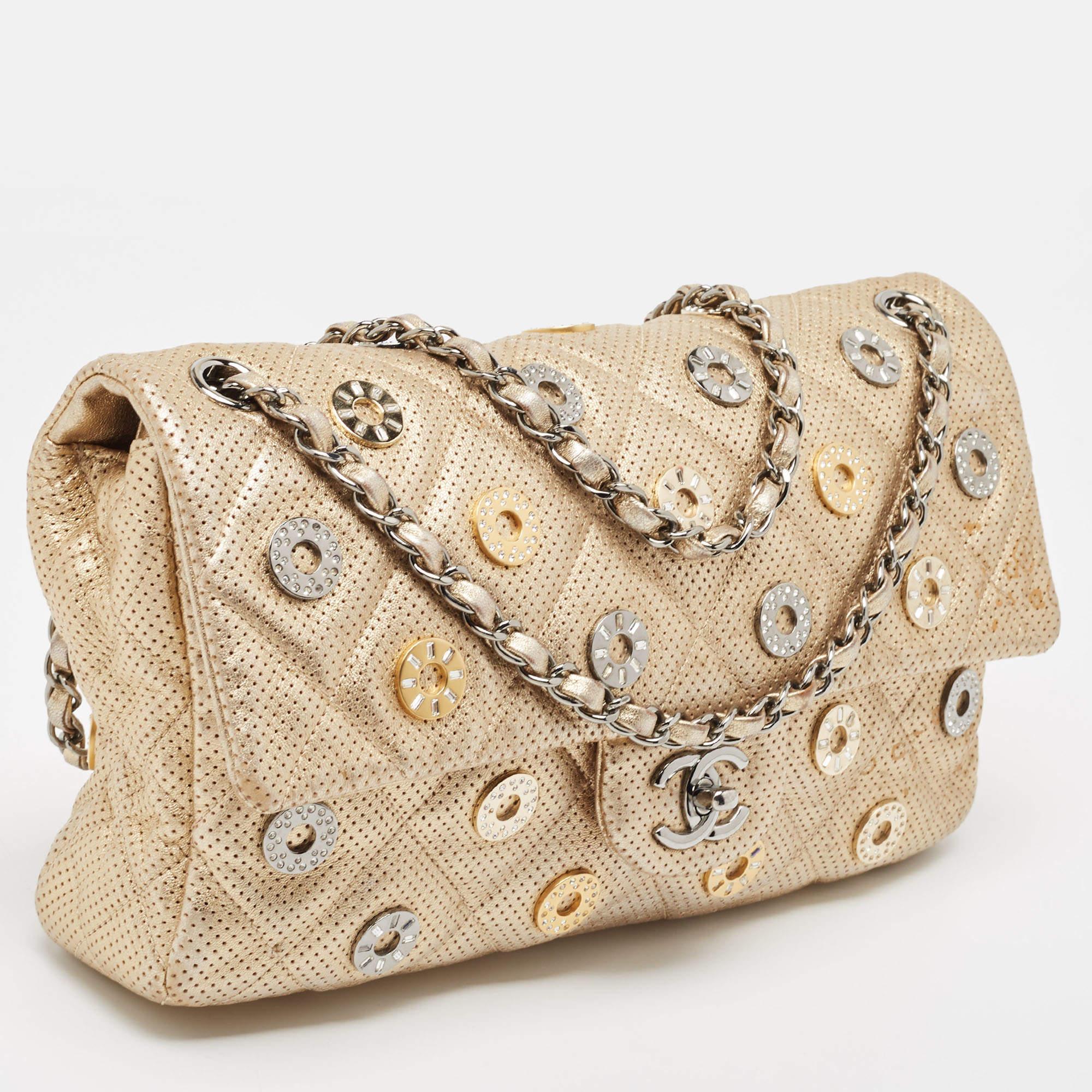 Women's Chanel Gold Quilted Perforated Leather Embellished East/West Classic Flap Bag For Sale
