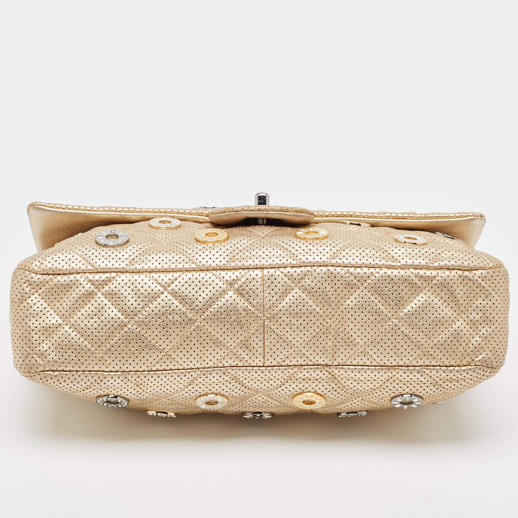 Chanel Gold Quilted Perforated Leather Embellished East/West Classic Flap Bag For Sale 1