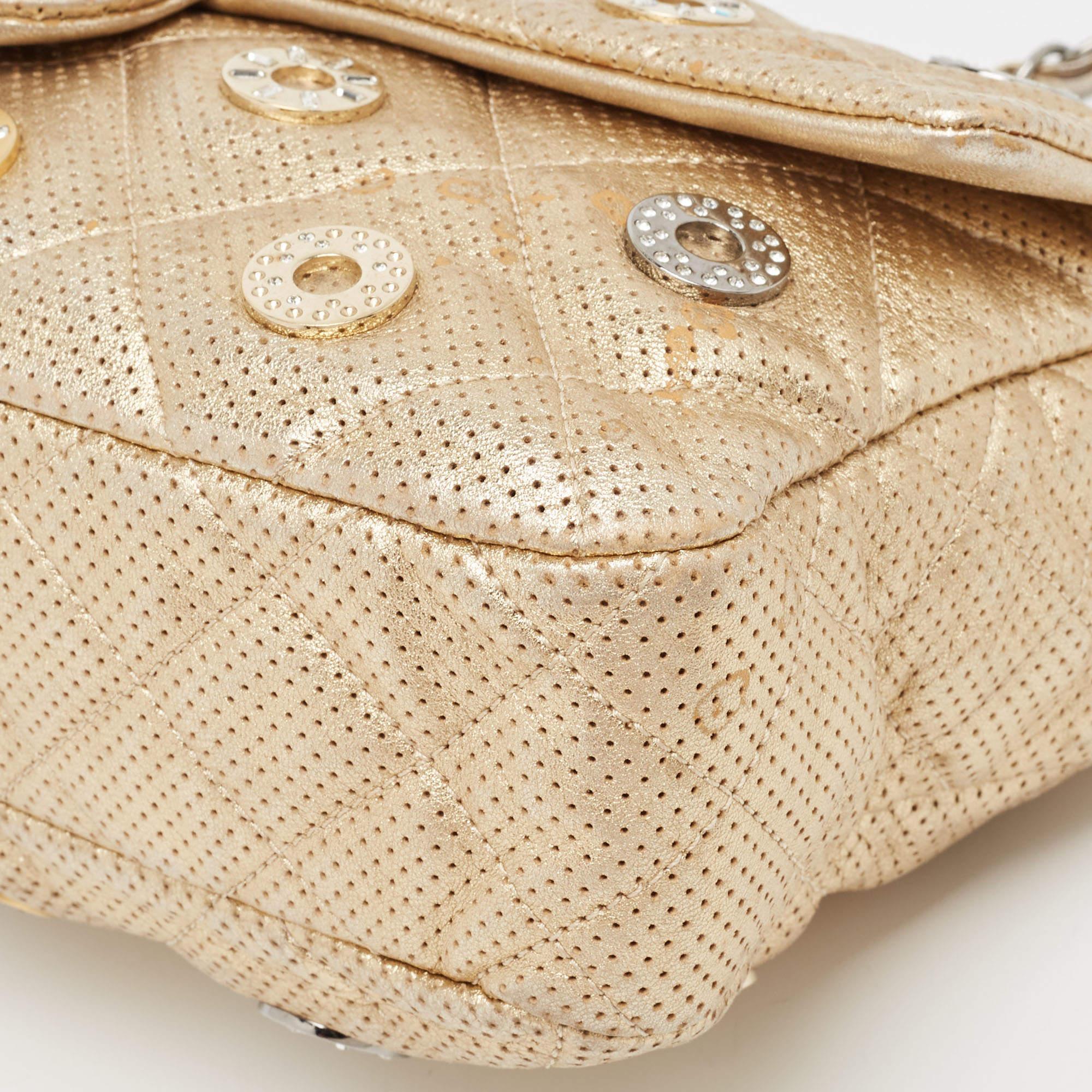 Chanel Gold Quilted Perforated Leather Embellished East/West Classic Flap Bag 4