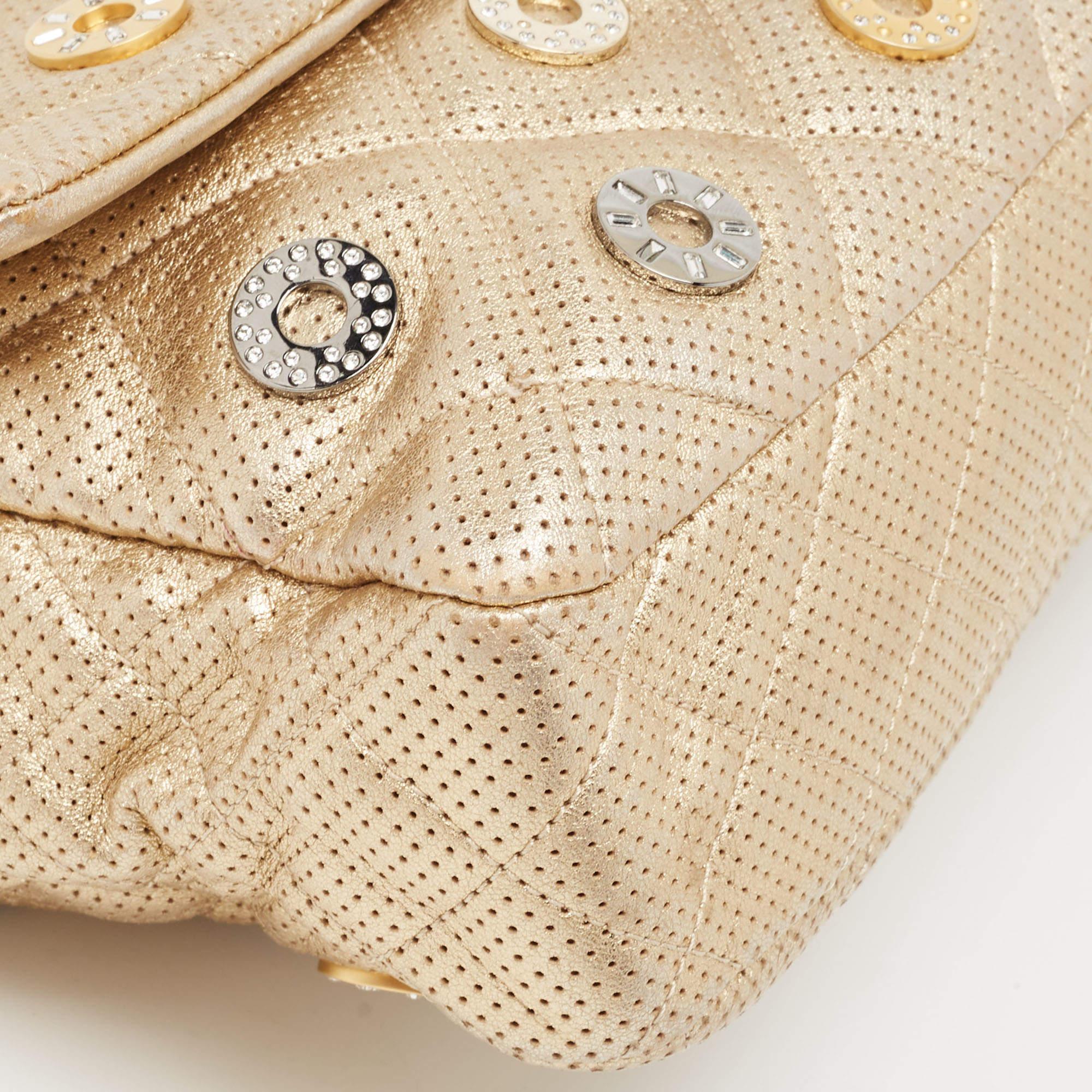Chanel Gold Quilted Perforated Leather Embellished East/West Classic Flap Bag For Sale 5
