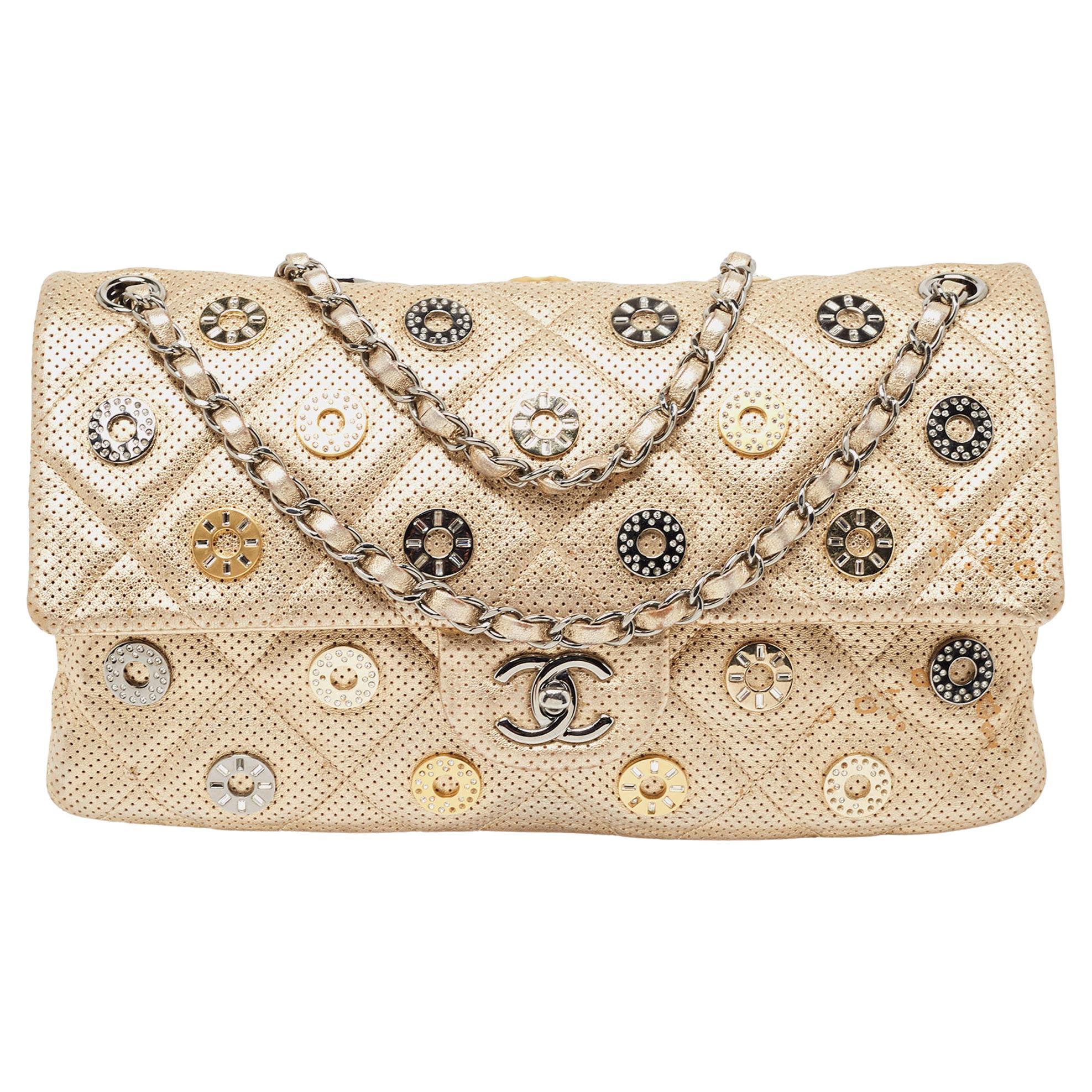 Chanel Gold Quilted Perforated Leather Embellished East/West Classic Flap Bag For Sale