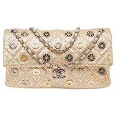 Chanel Gold Quilted Perforated Leather Embellished East/West Classic Flap Bag