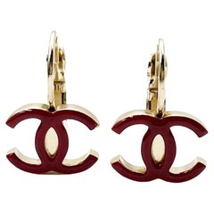 Chanel Gold Red CC Lever Back Earrings