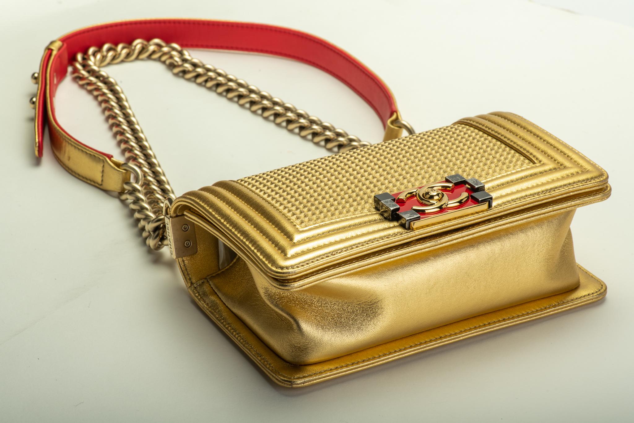 Brown Chanel Gold & Red Leather Boy Bag