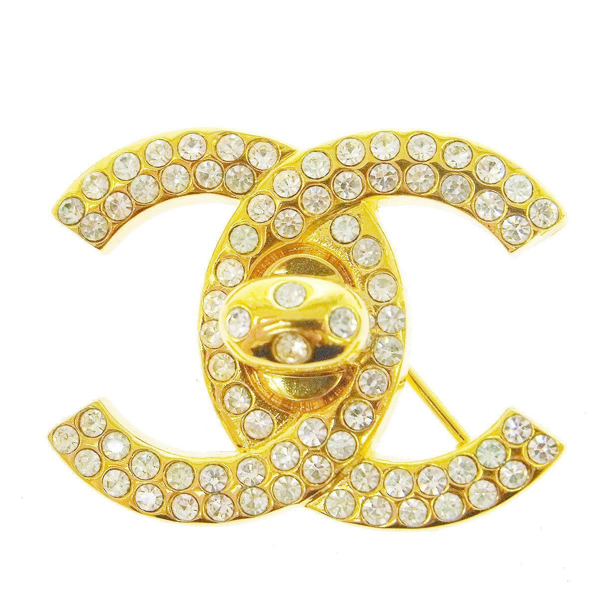 Chanel Gold Rhinestone Logo Turnlock Evening Pin Brooch in Box