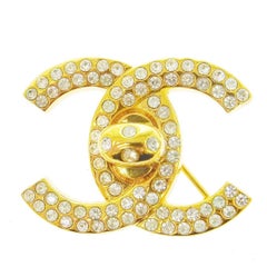 Chanel Gold Rhinestone Logo Turnlock Evening Pin Brooch in Box