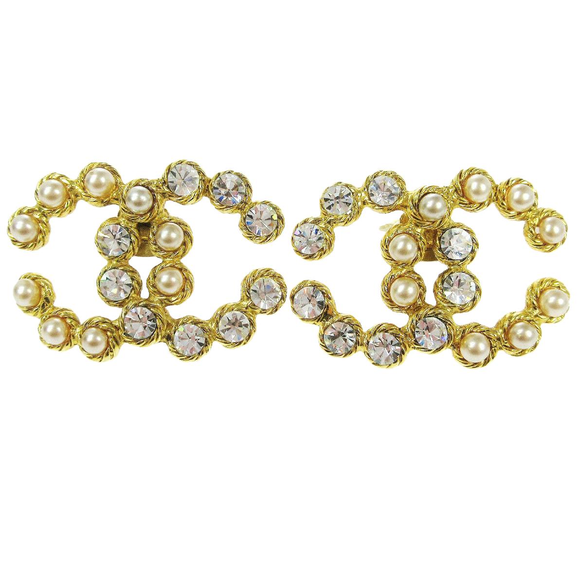 Chanel Gold Rhinestone Pearl Charm Evening Stud Statement Earrings in Box