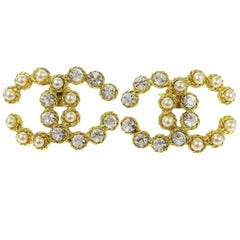 Chanel Gold Rhinestone Pearl Charm Evening Stud Statement Earrings in Box