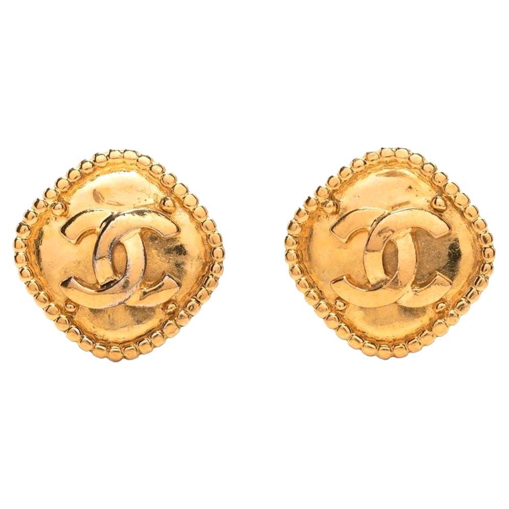chanel Gold Rhombus Logo Earrings  For Sale