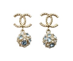 Chanel Gold Rope CC Blue Crystal Crystal Ball Small Piercing Earrings