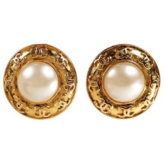 Chanel Gold Round Pearl Clip On Earrings