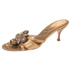 Chanel Gold Satin Crystal Embellished Slide Sandals Size 38