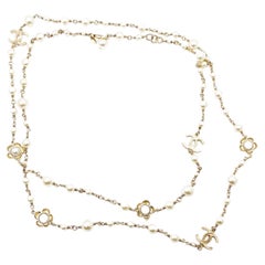 Chanel Gold Scratchy CC Gold Flower Pearl Long Necklace