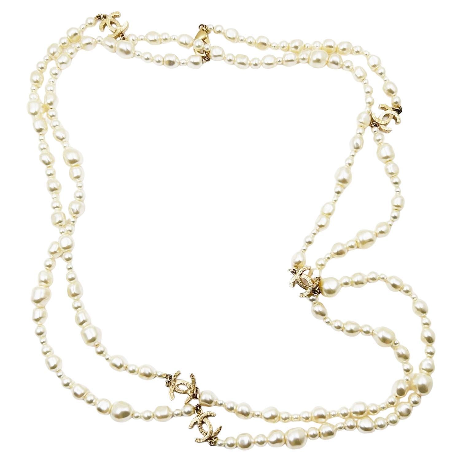 Chanel Gold Scratchy CC Irregular Pearl 62" Long Necklace
