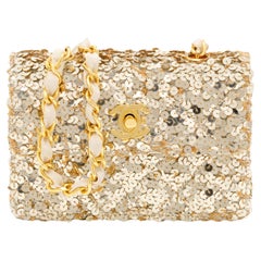 Vintage Chanel Gold Sequin Micro Mini Microfiber Shoulder Bag