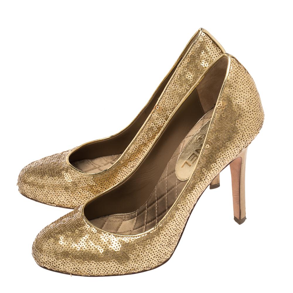 Brown Chanel Gold Sequins Round Toe Pumps 37.5