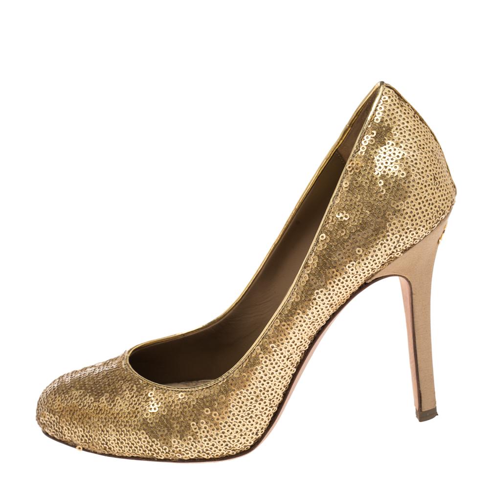 Chanel Gold Sequins Round Toe Pumps 37.5 1