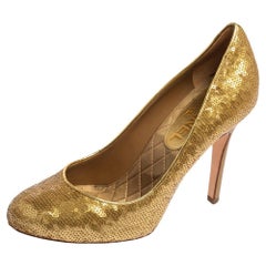 Chanel Gold Sequins Round Toe Pumps 37.5