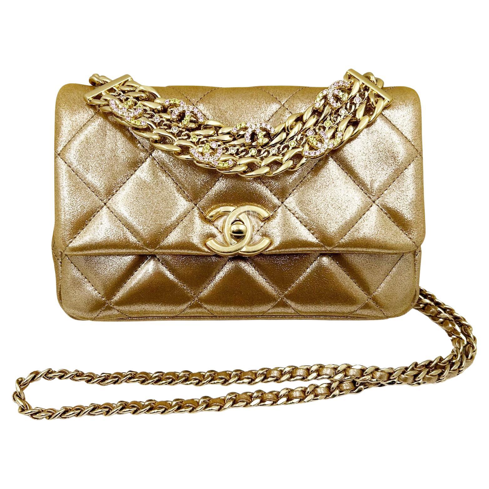 Chanel Gold Shimmer Crystal CC Handle Crossbody 2 Way Bag  For Sale