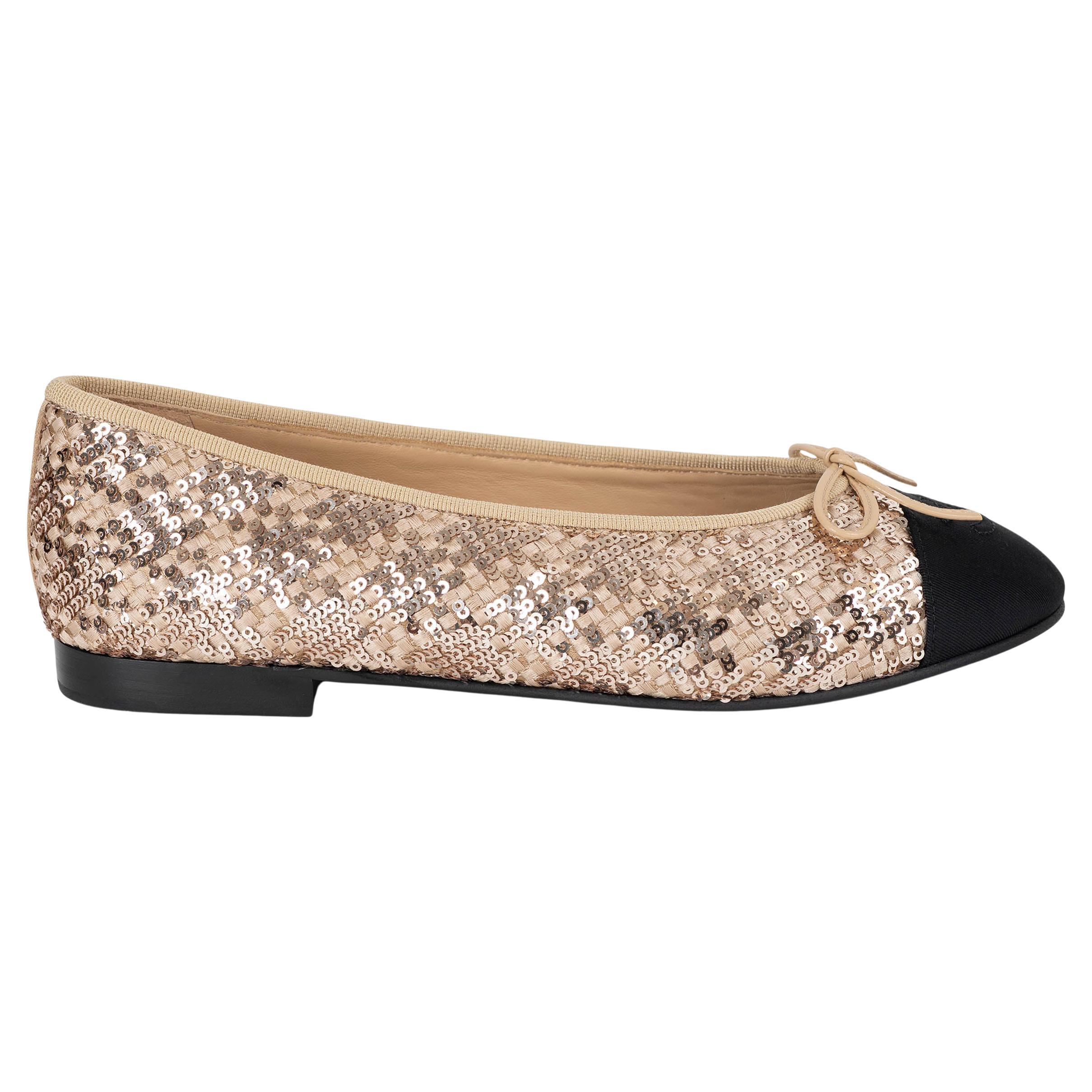 CHANEL gold silk 25B SEQUIN & GROSGRAIN Ballet Flats Shoes 38.5 fit 38
