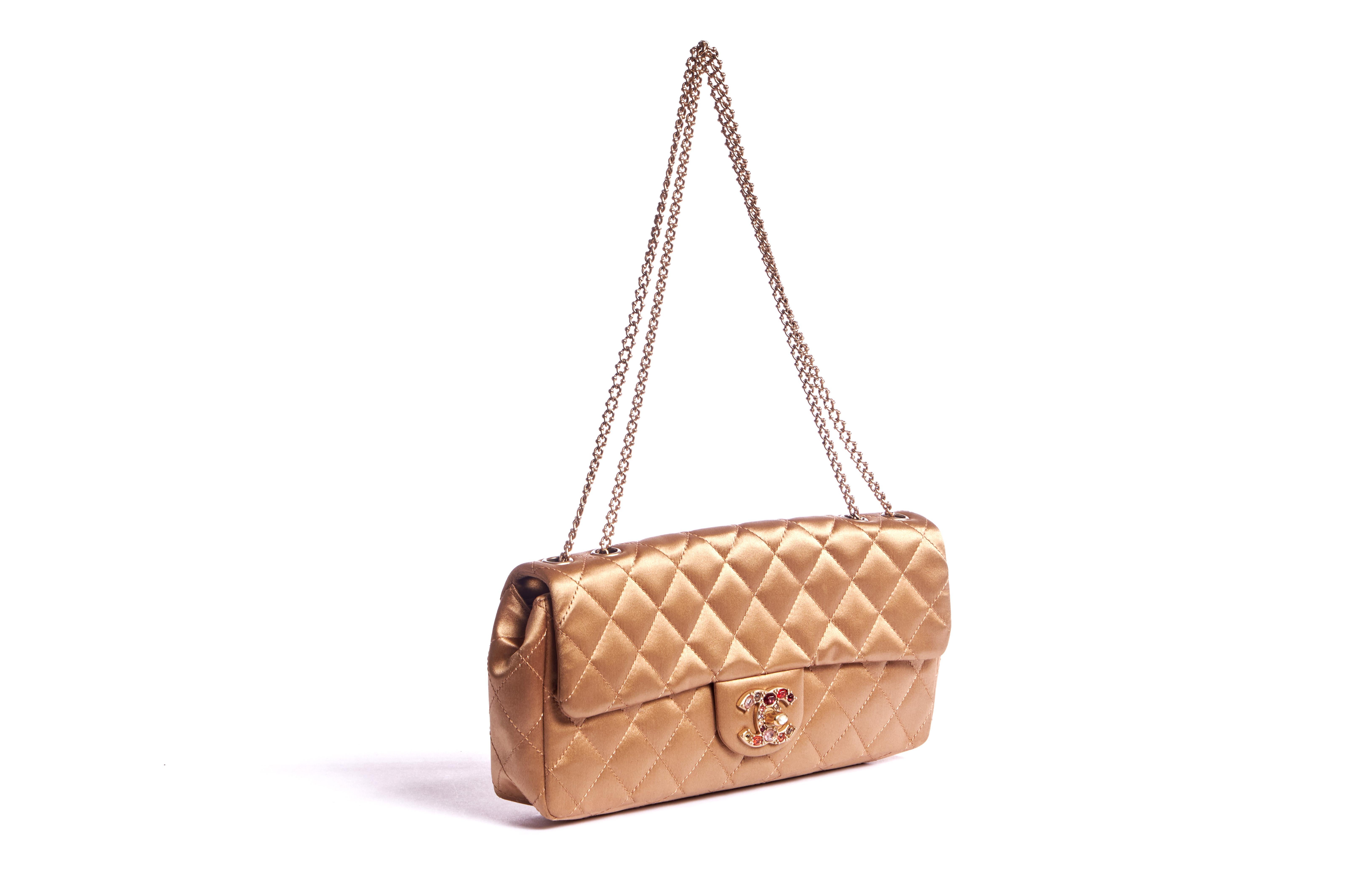 Chanel gold silk evening bag with jewel clasp. Shoulder drop 9