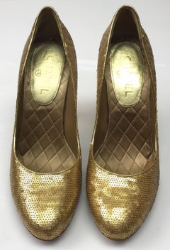 CHANEL Gold Silk Podesua Sequined Pumps - 40