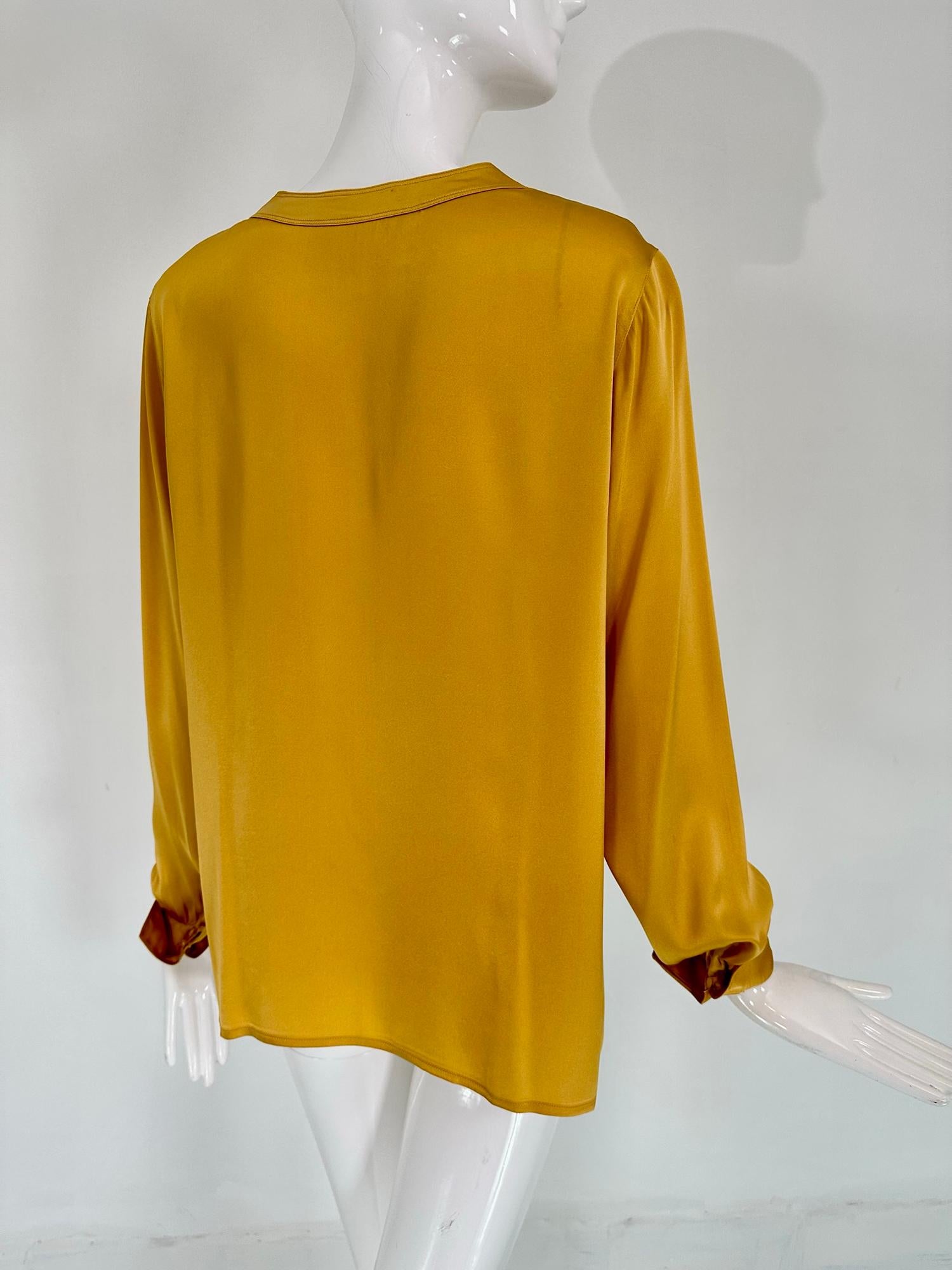 Chanel Gold Silk Satin Flat Band Collar Long Sleeve Blouse For Sale 1