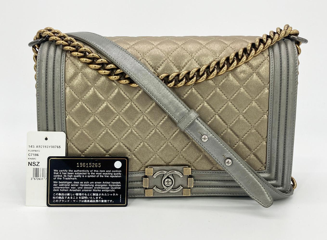Chanel Gold Silver Leather Medium Boy Bag Classic Flap  For Sale 8