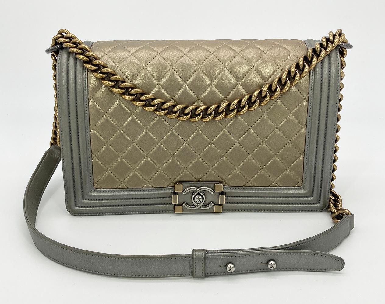 Chanel Gold Silver Leather Medium Boy Bag Classic Flap in good condition. Metallic gold diamond quilted lambskin exterior trimmed with metallic silver stripe quilted leather edges with antiqued brass and silver hardware. Front pinch latch le boy