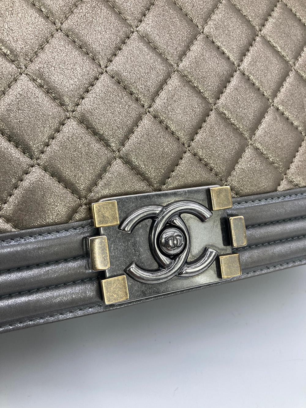 Women's Chanel Gold Silver Leather Medium Boy Bag Classic Flap  For Sale