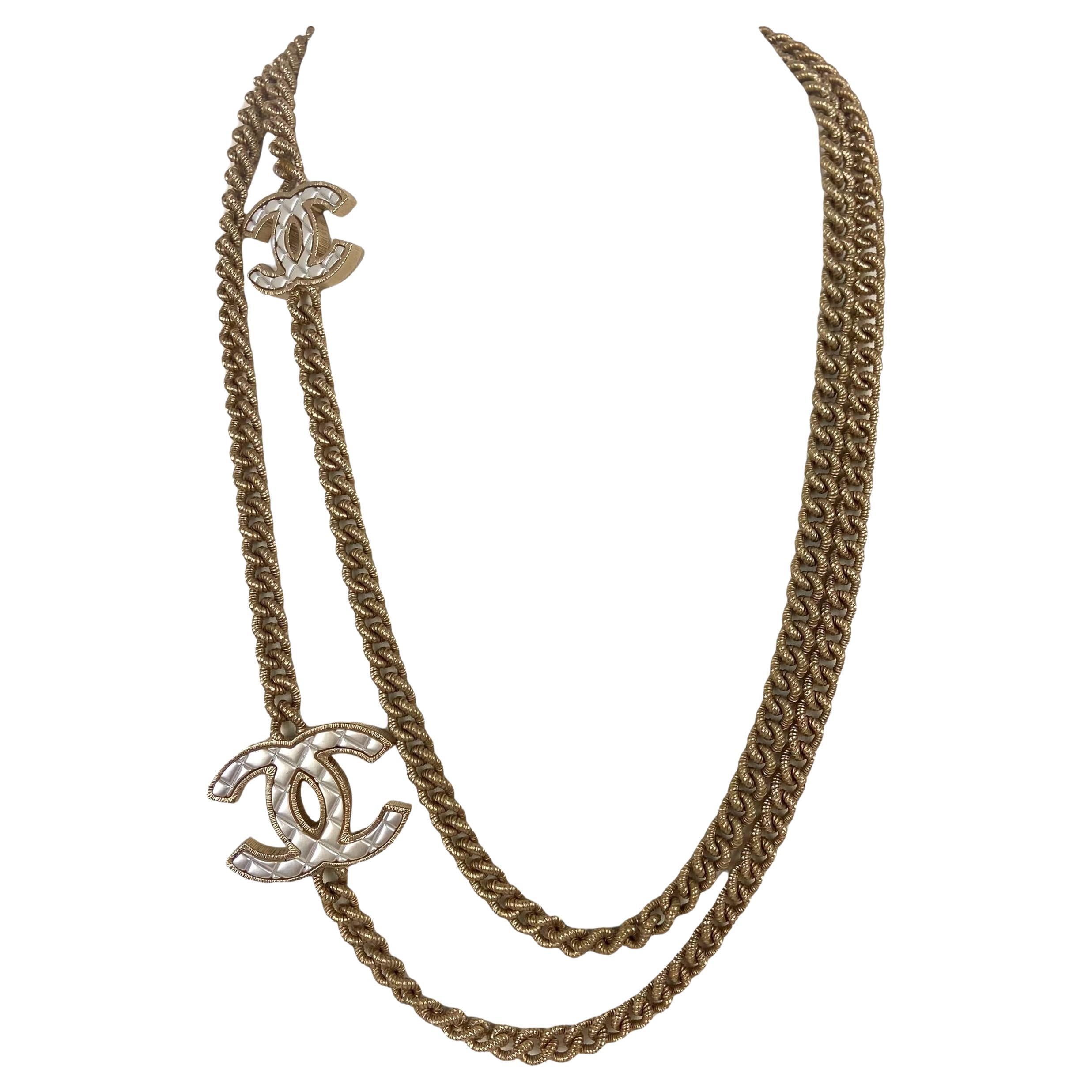 Chanel Gold/ Silvertone Metal Quilted CC Long Chain Necklace