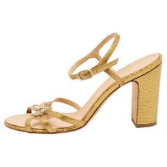 Chanel Gold Snakeskin Embossed Leather Bow Detail Ankle Strap Sandals Size 42
