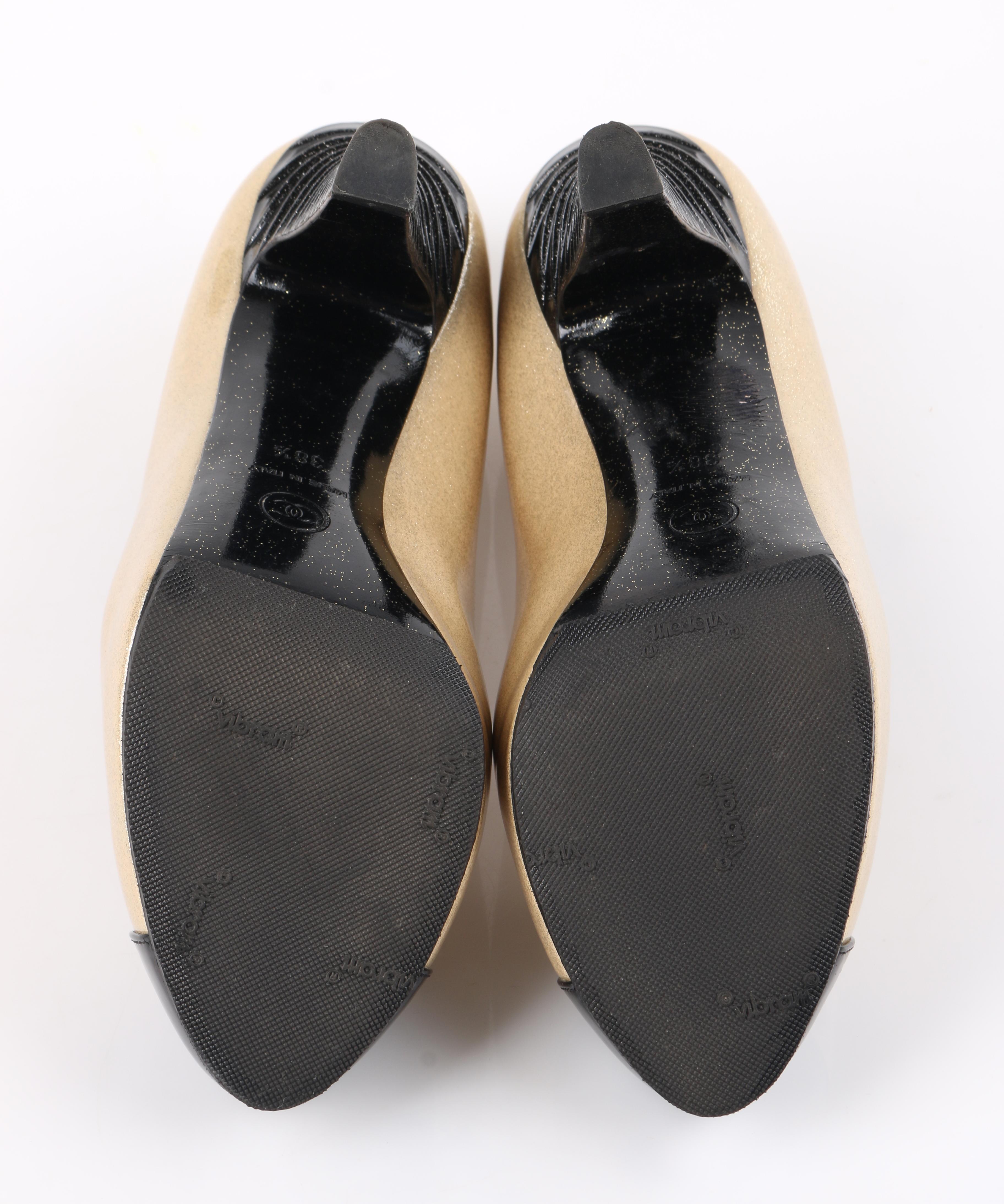 CHANEL Gold Sparkle & Black Patent Leather Cut Out Cap Toe Platform Heels Pumps 3