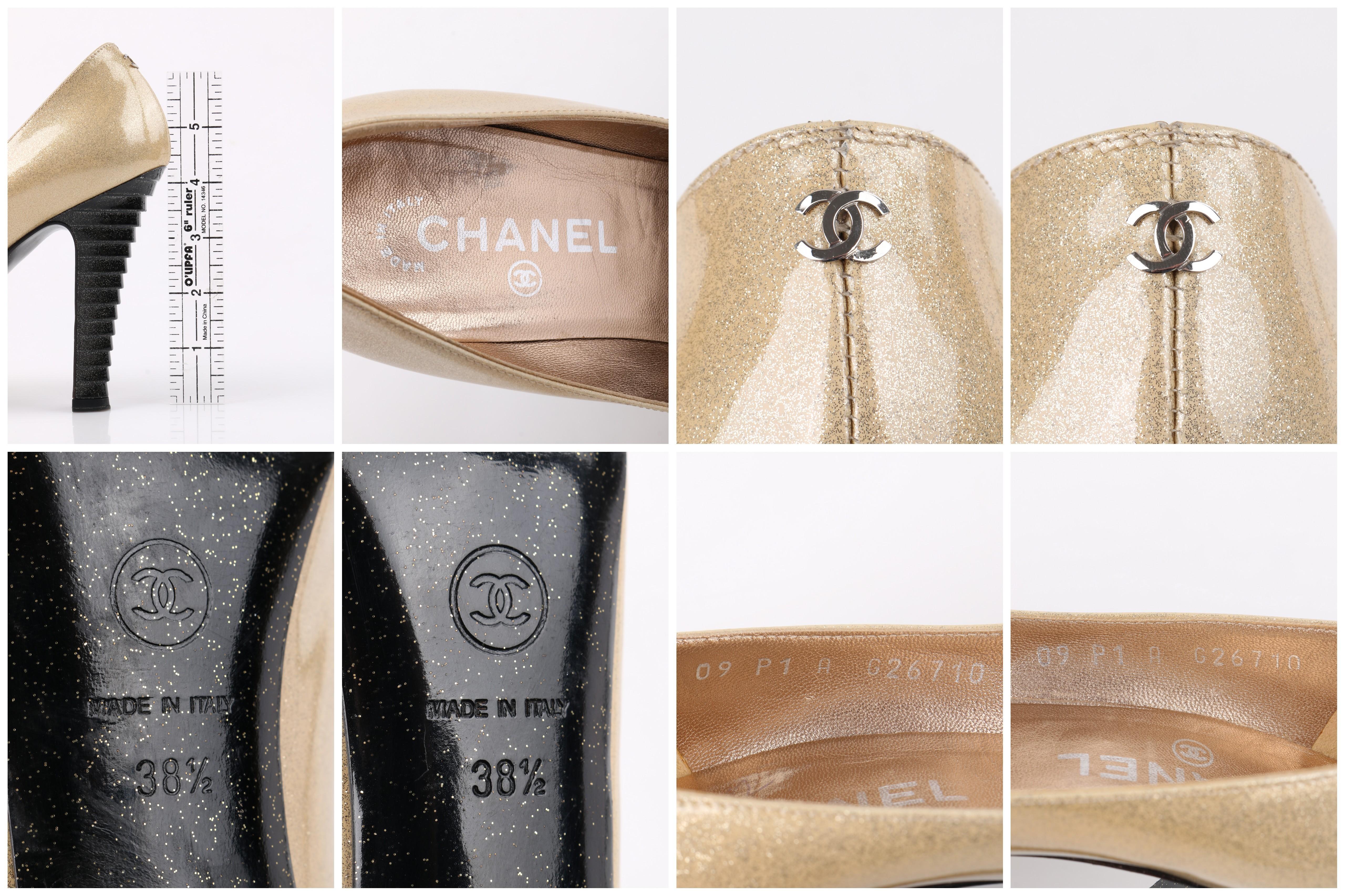 CHANEL Gold Sparkle & Black Patent Leather Cut Out Cap Toe Platform Heels Pumps 4