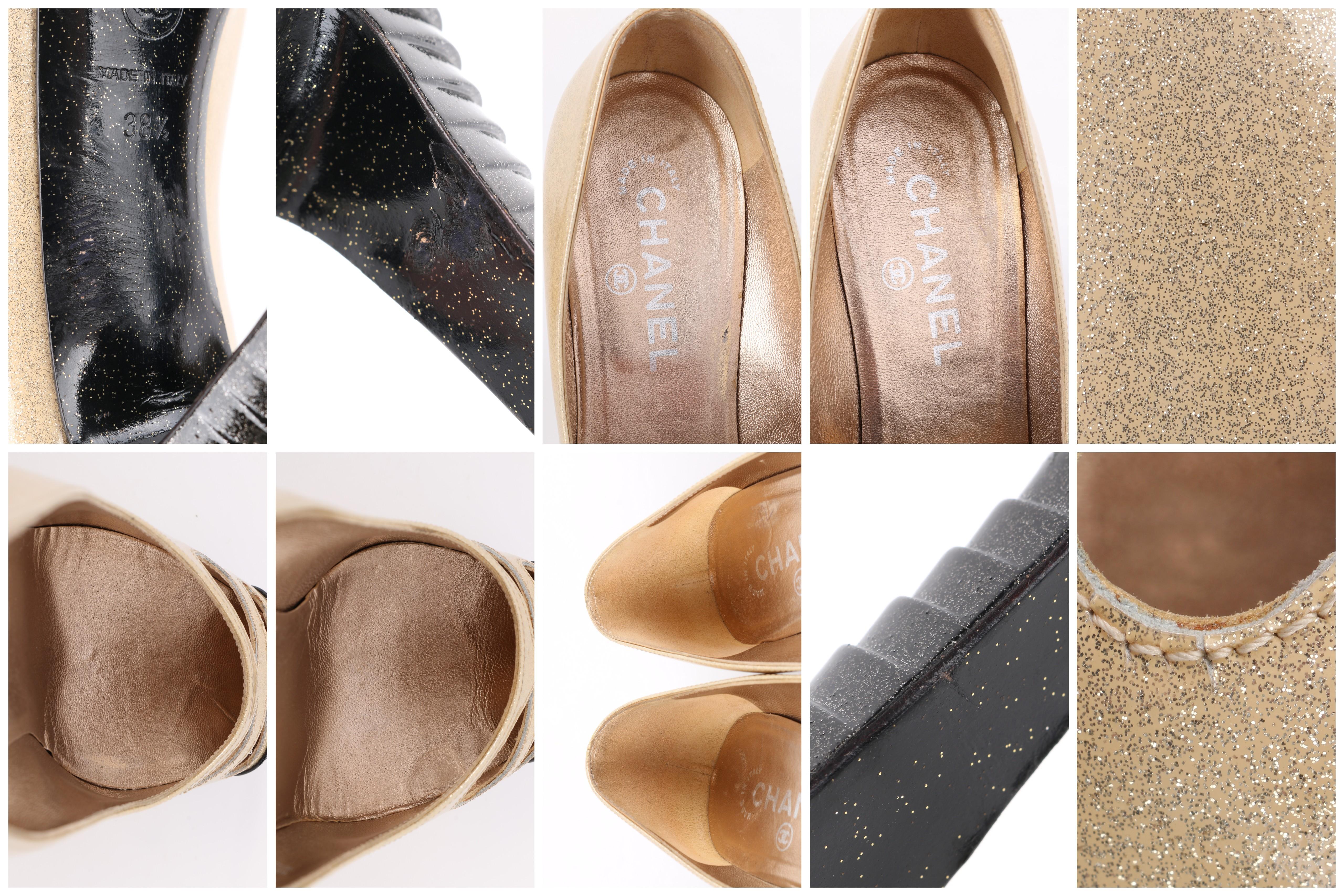 CHANEL Gold Sparkle & Black Patent Leather Cut Out Cap Toe Platform Heels Pumps 5