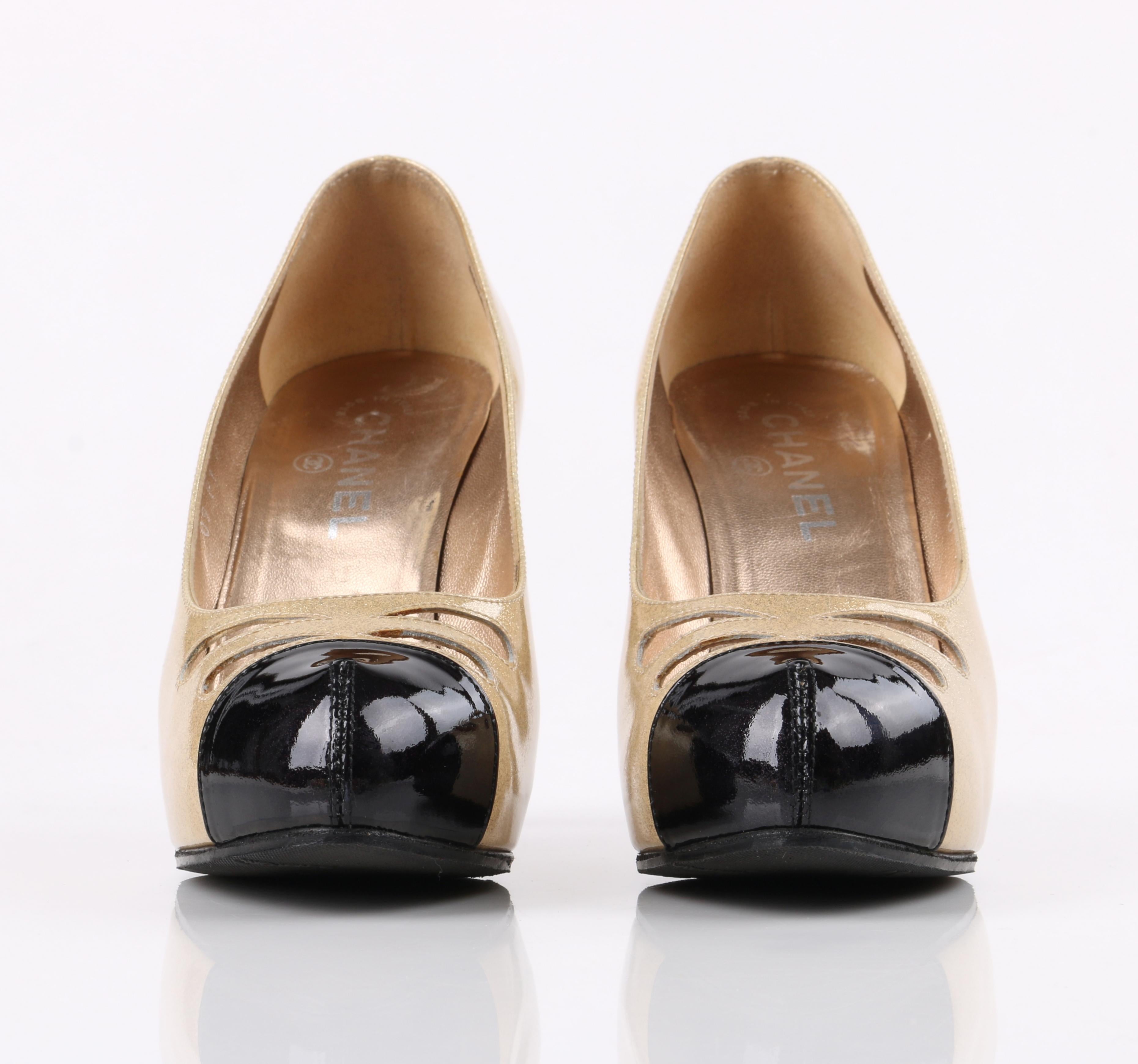 Women's CHANEL Gold Sparkle & Black Patent Leather Cut Out Cap Toe Platform Heels Pumps
