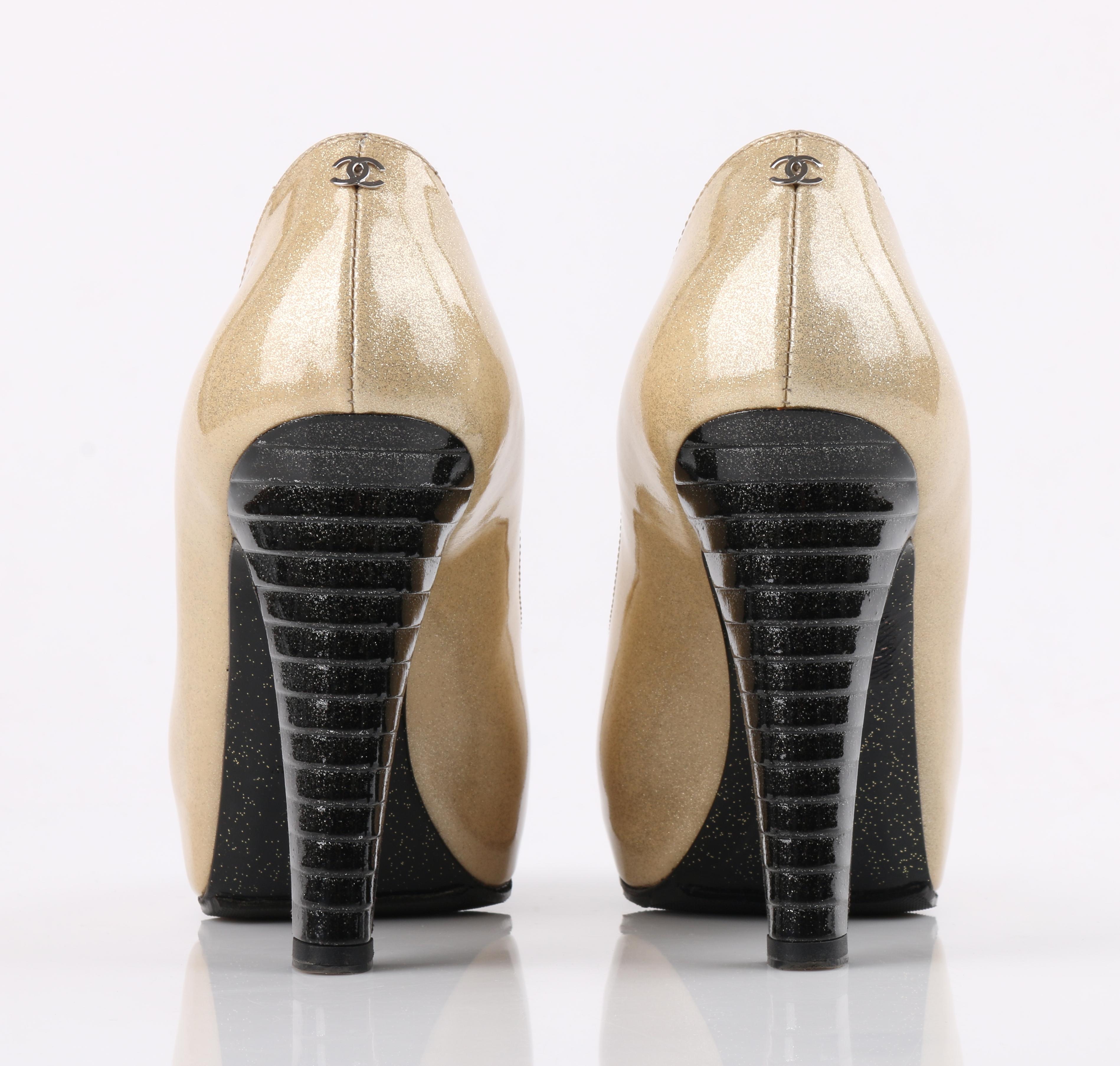 CHANEL Gold Sparkle & Black Patent Leather Cut Out Cap Toe Platform Heels Pumps 1