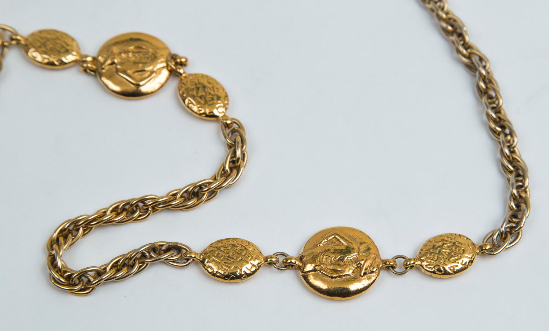 Chanel Gold Stamp & Coco Long Necklace, 1970's, Stamped with Chanel, CC, Made in France 