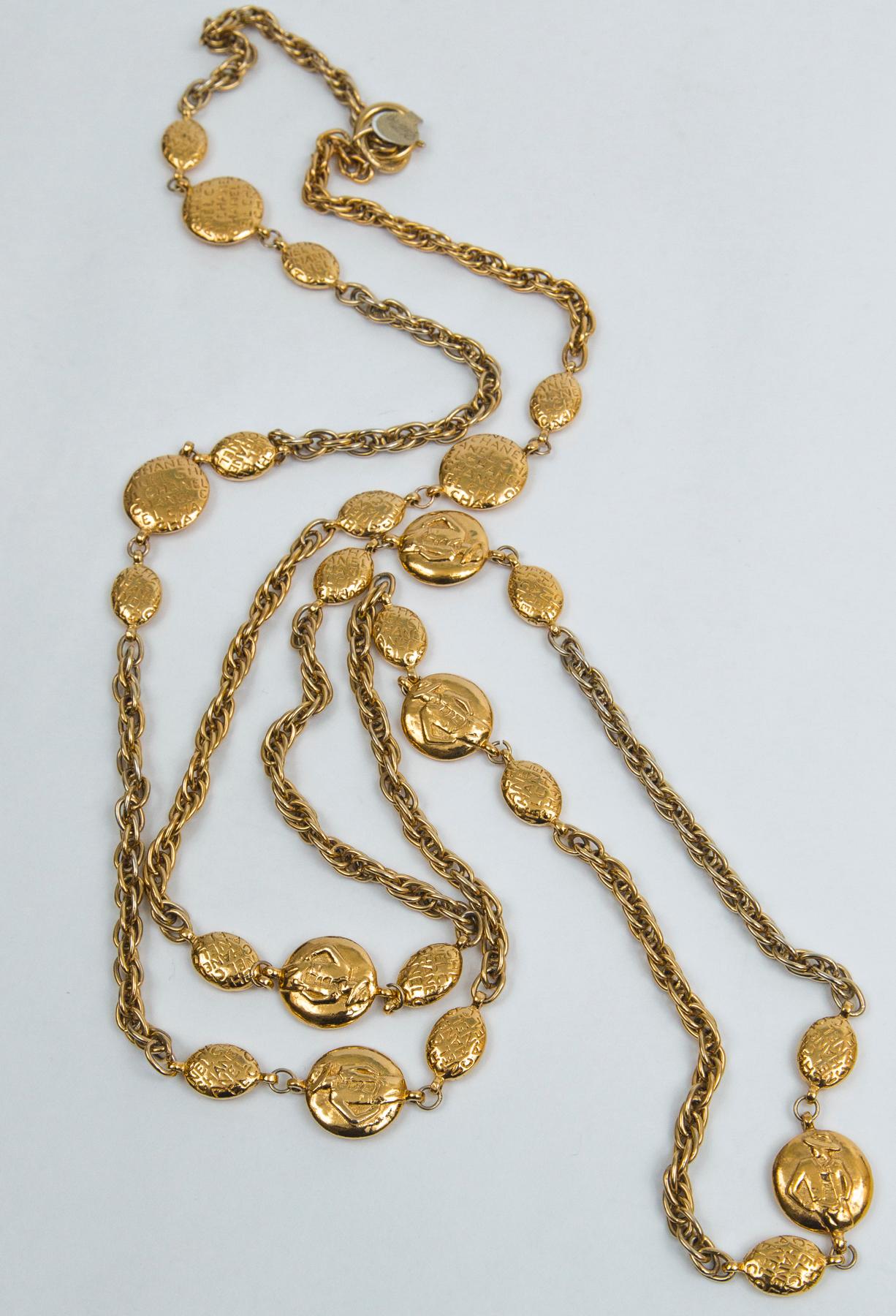 Chanel Gold Stamp & Coco Long Necklace, 1970's In Good Condition In Westport, CT