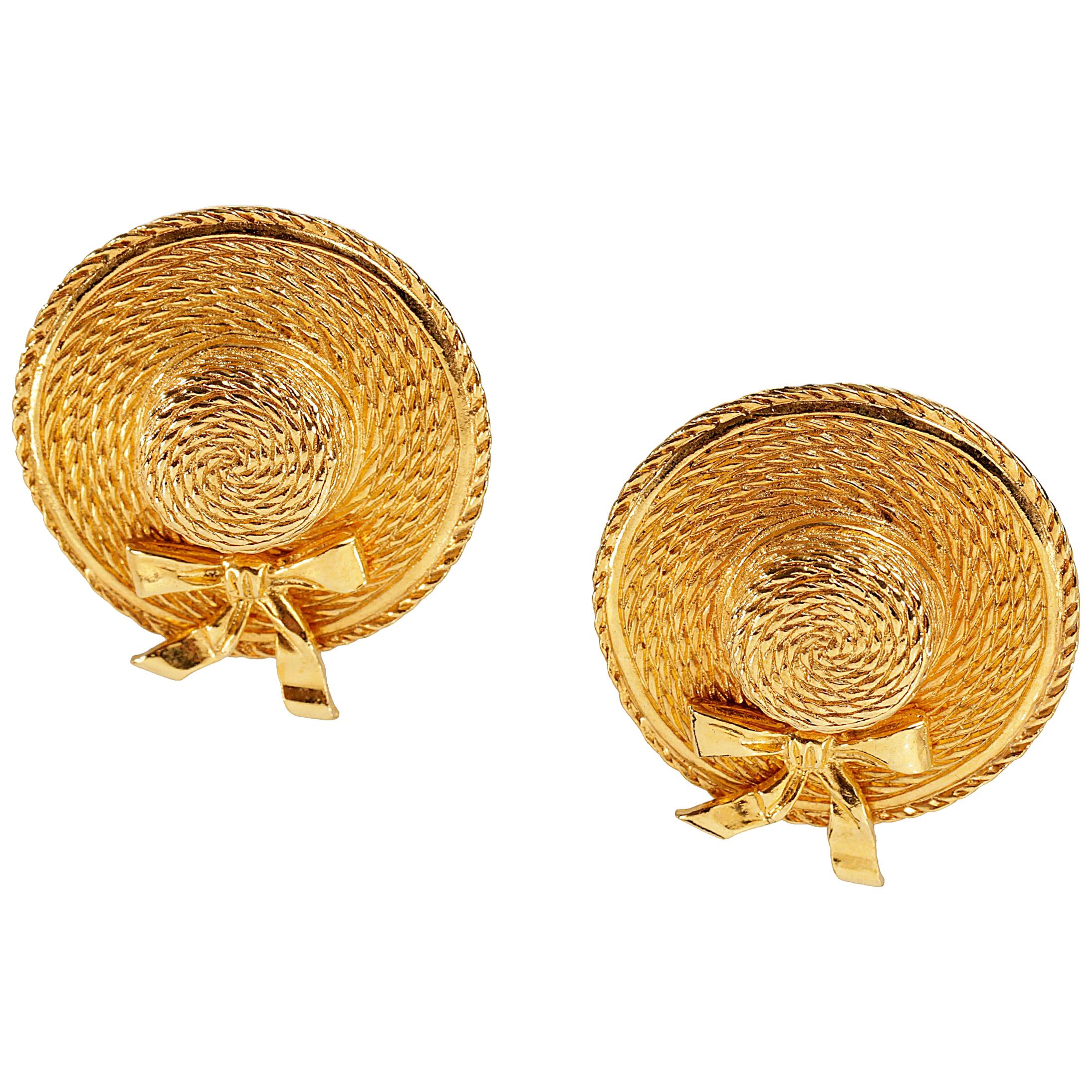 Chanel Gold Straw Hat Vintage Earrings