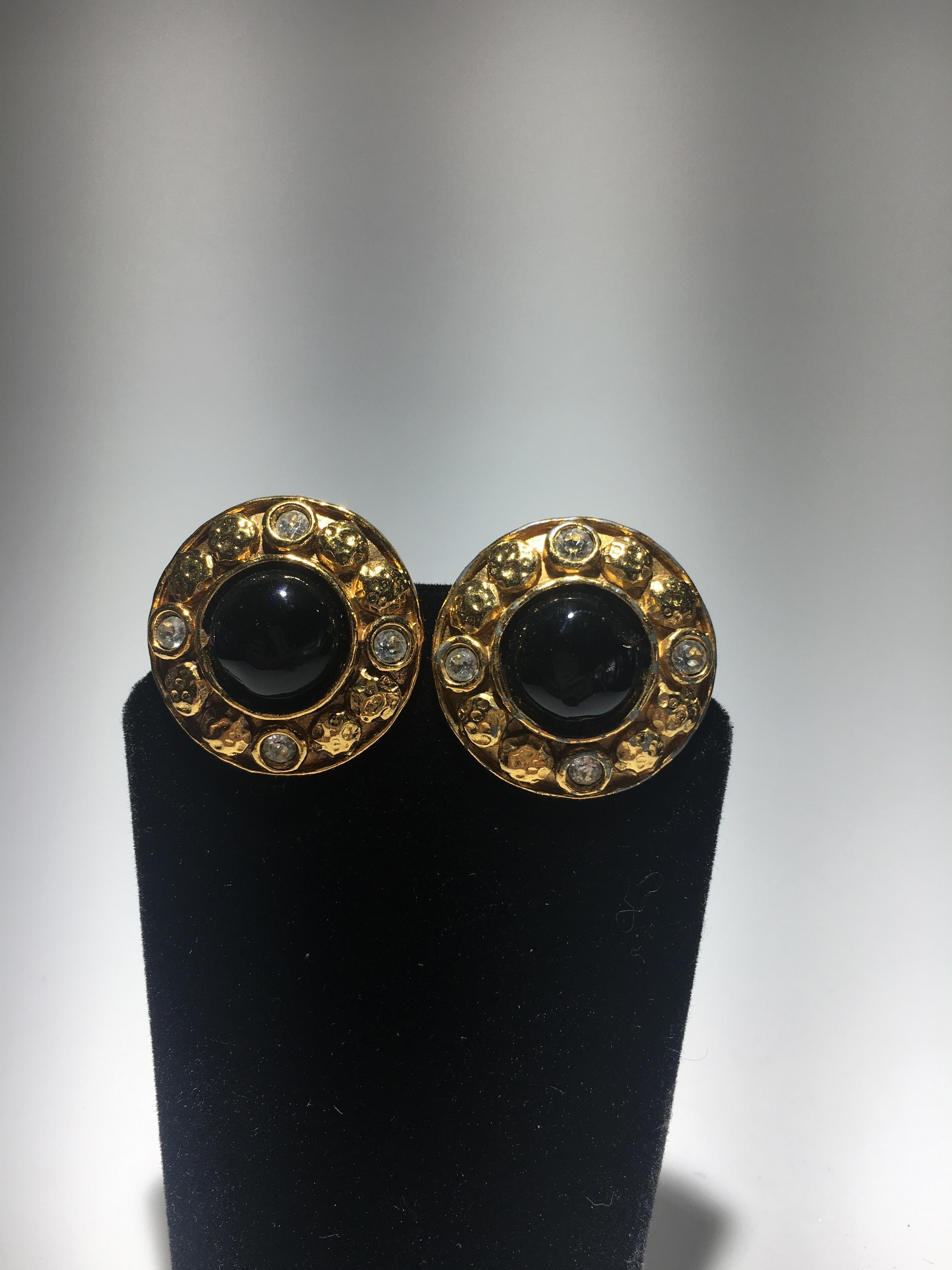 Chanel Gripoix And Gold Stud Evening Earrings.  Center Onyx Gripoix Surrounded By Cut Crystals.