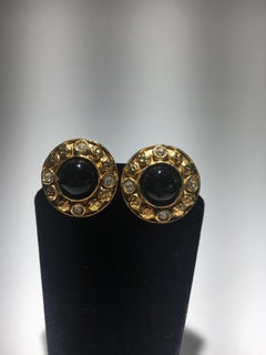 Chanel Gripoix And Gold Stud Earrings.  Center Onyx Surrounded By Cut Crystals.