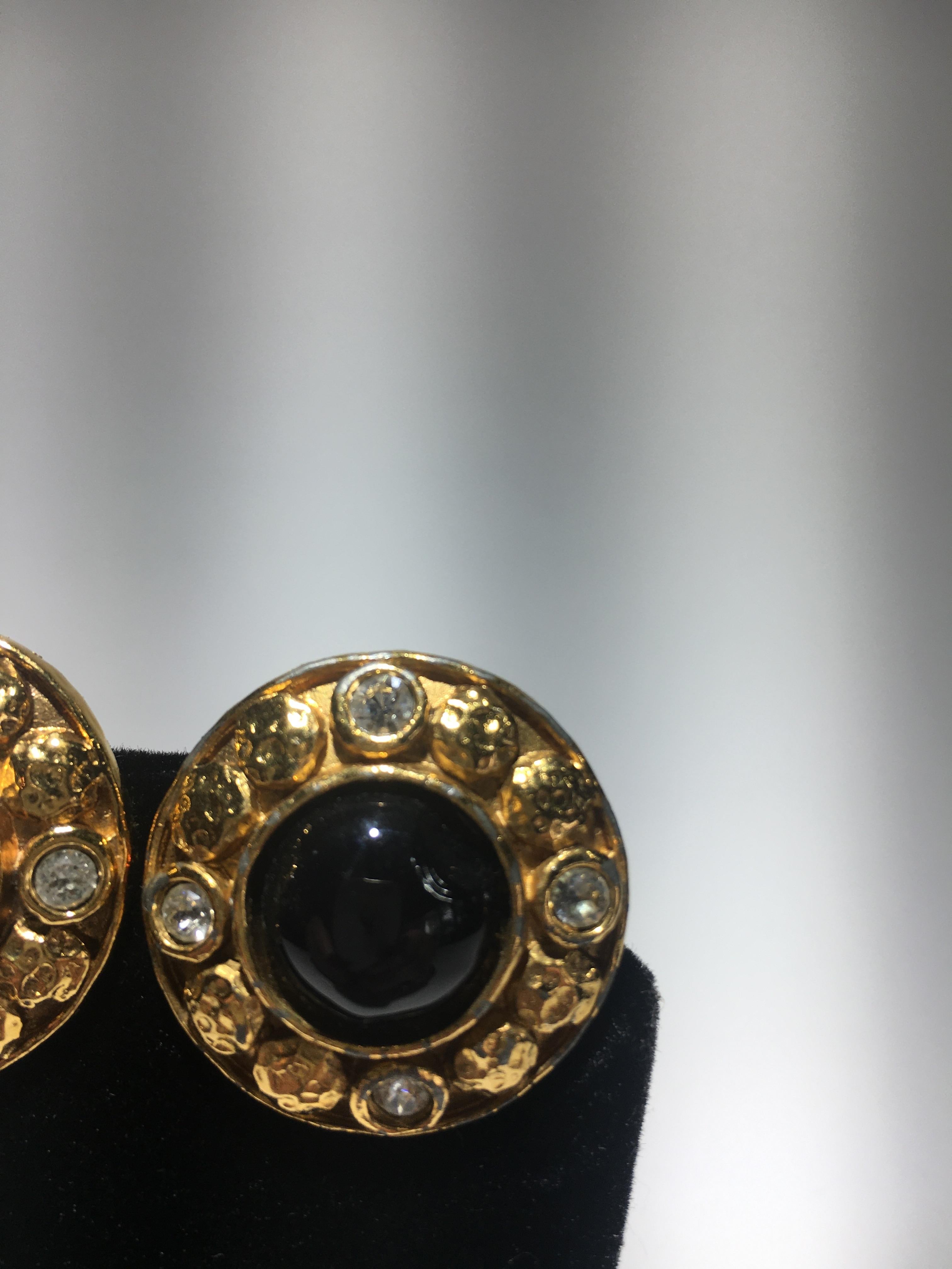 Classical Roman Chanel Gripoix And Gold Stud Earrings.  Center Onyx Surrounded By Cut Crystals.