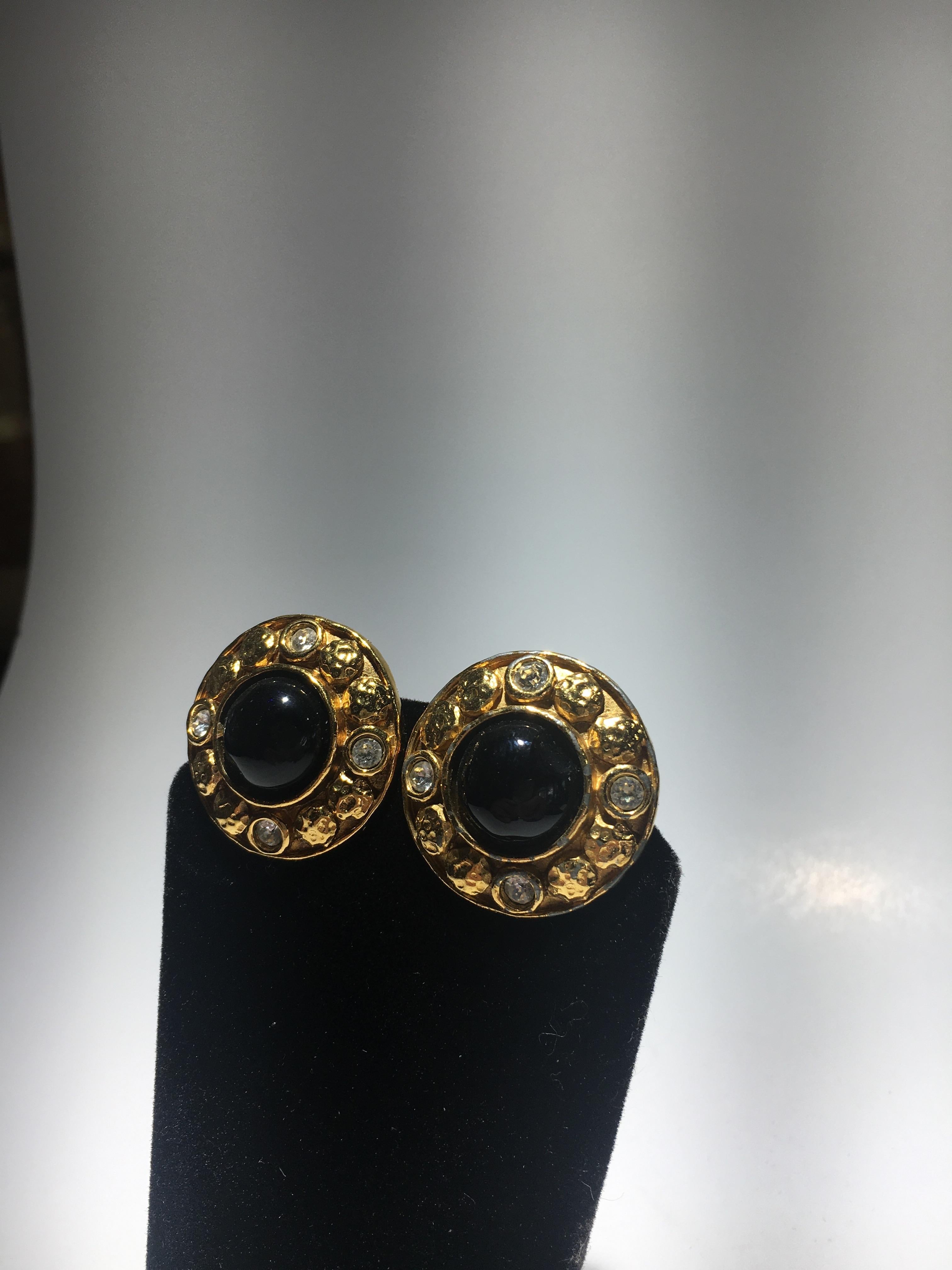 Cabochon Chanel Gripoix And Gold Stud Earrings.  Center Onyx Surrounded By Cut Crystals.