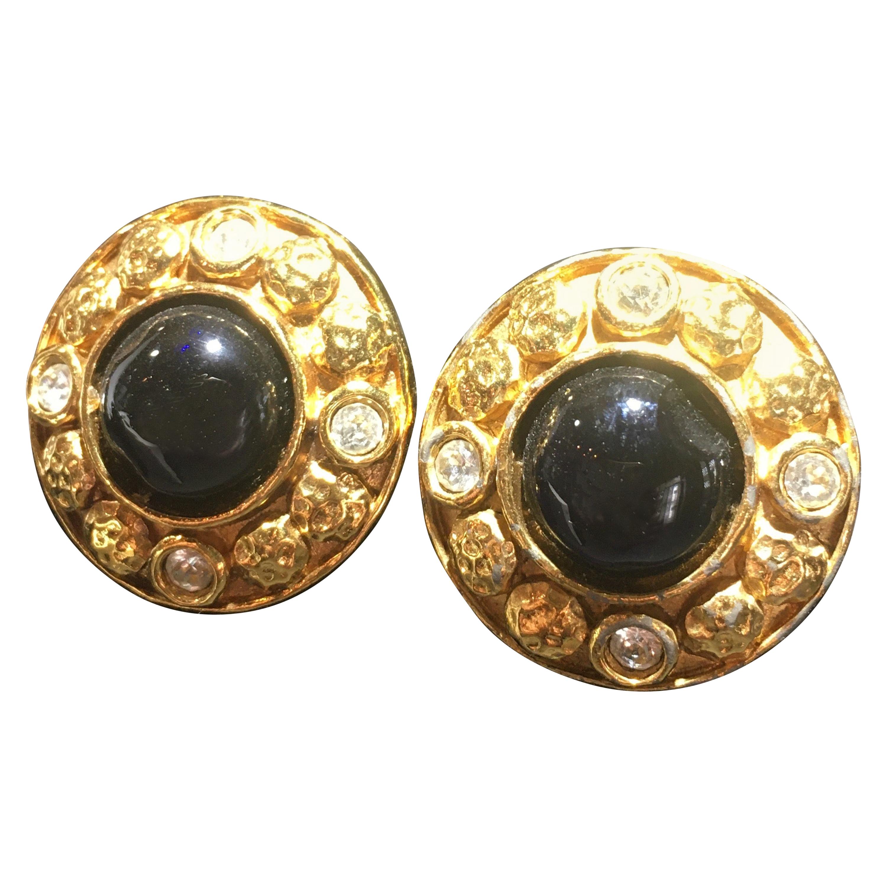 Chanel Gripoix And Gold Stud Earrings.  Center Onyx Surrounded By Cut Crystals.
