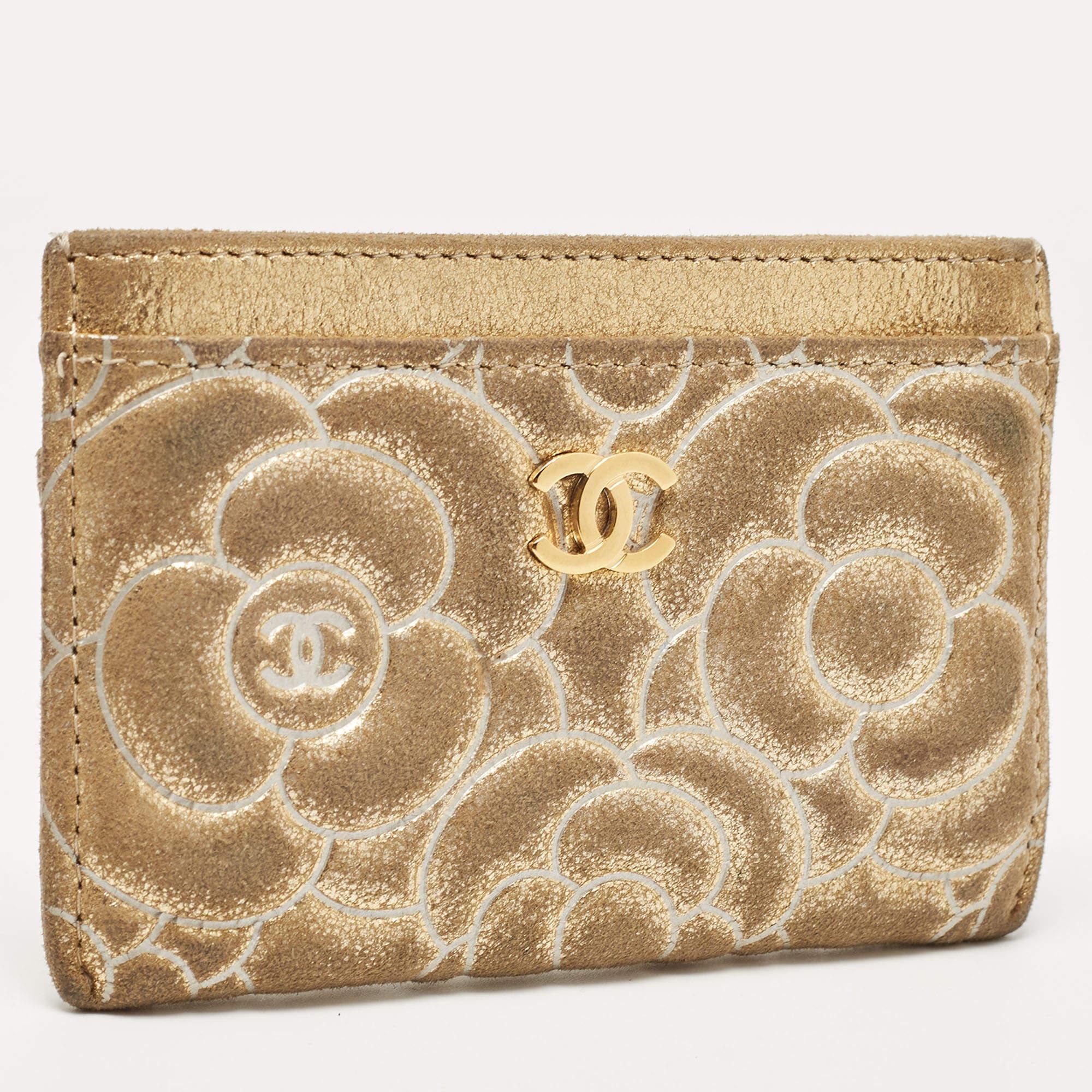 Women's Chanel Gold Suede Camellia Embossed Classic Card Holder