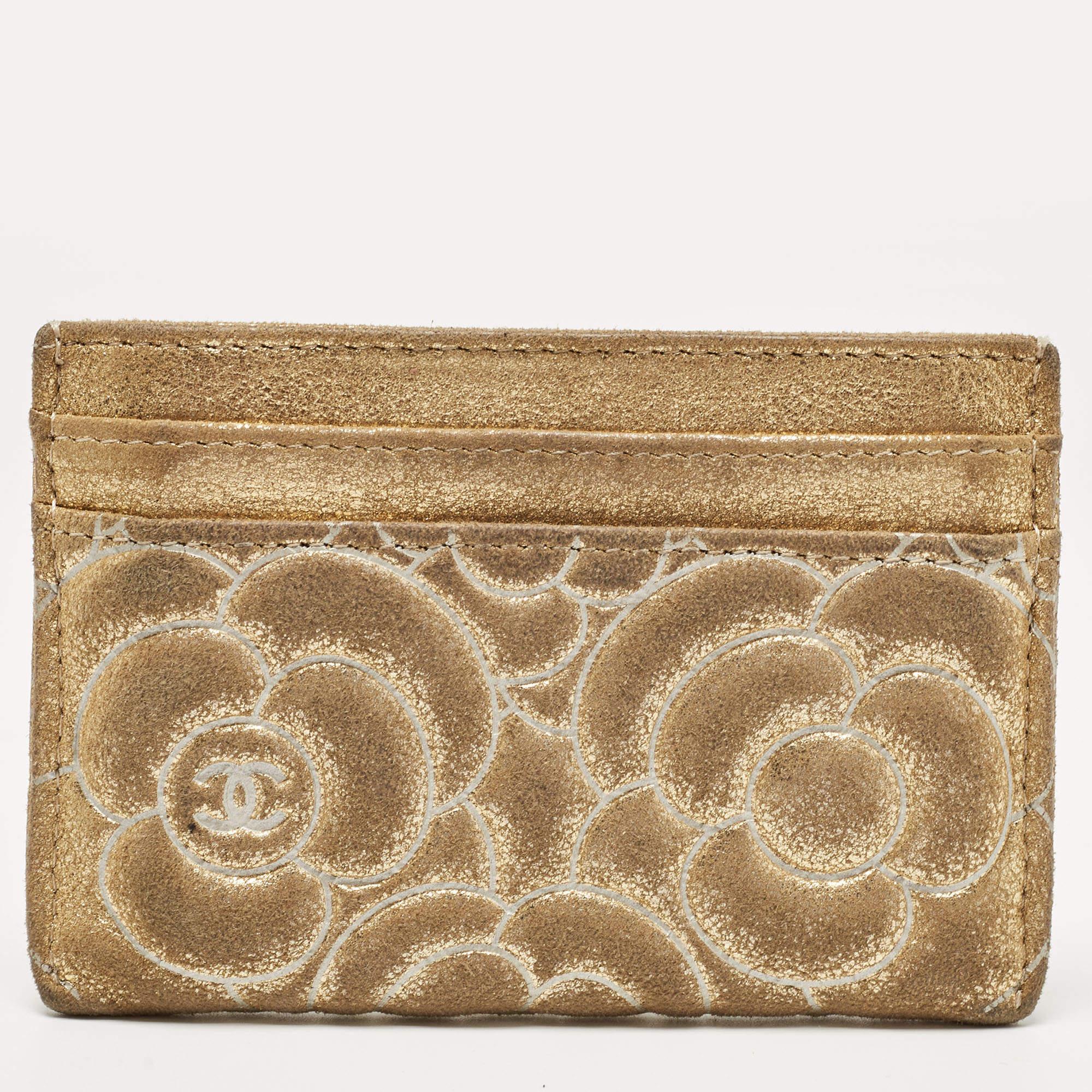 Chanel Gold Suede Camellia Embossed Classic Card Holder 1