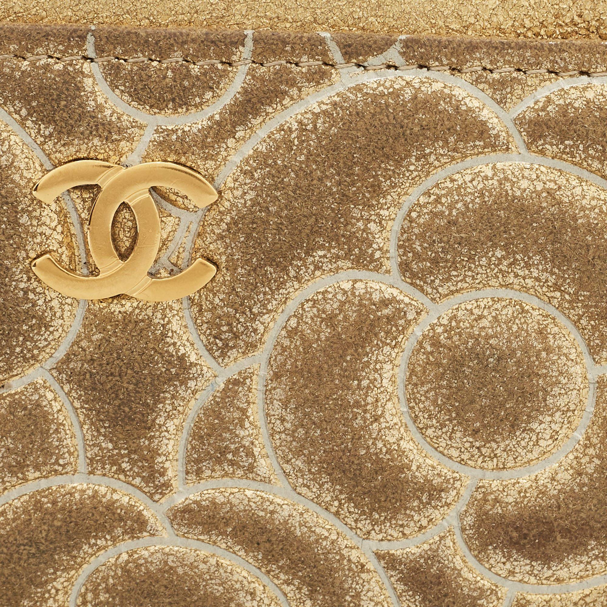 Chanel Gold Suede Camellia Embossed Classic Card Holder 2